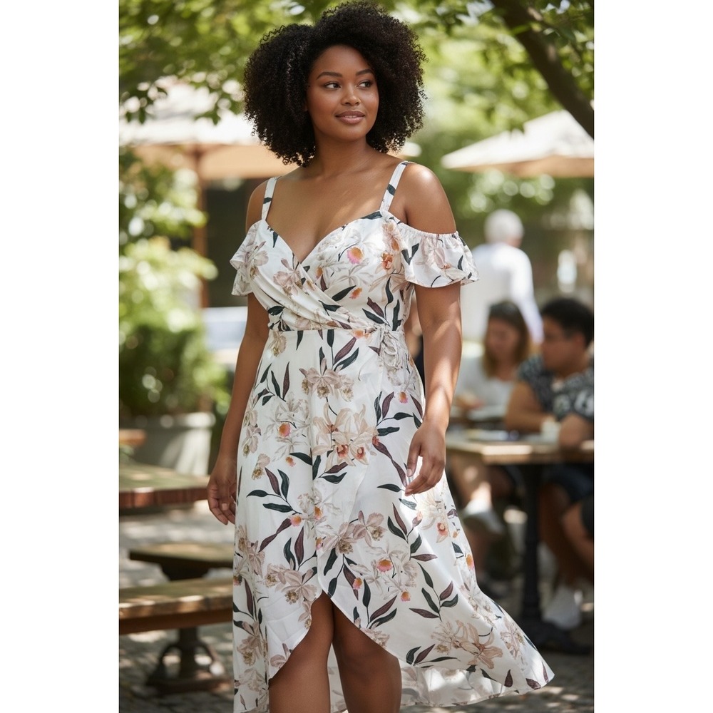 City Chic‎ Maxi Sweet Orchid Floral Cold Shoulder Dress XL 22 White New